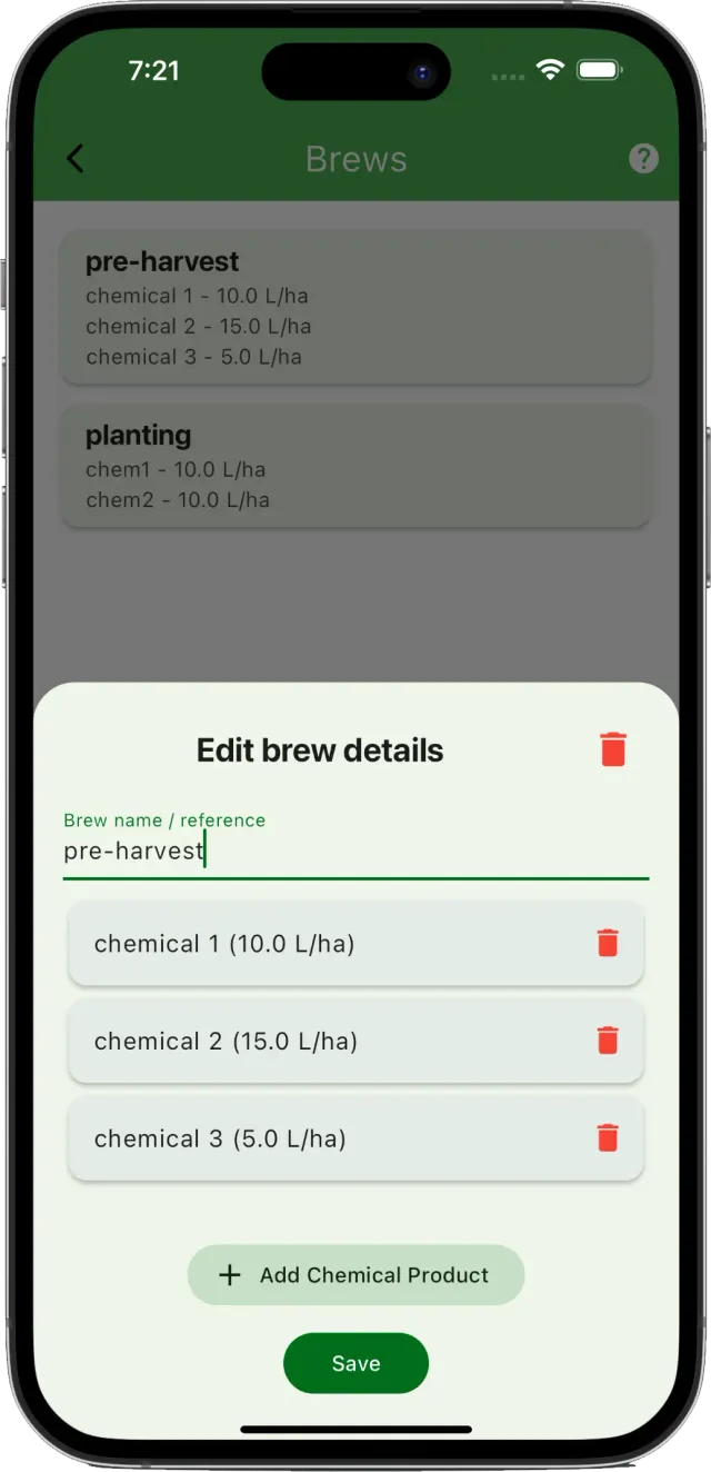 Spraybook saved chemical brew selection screen